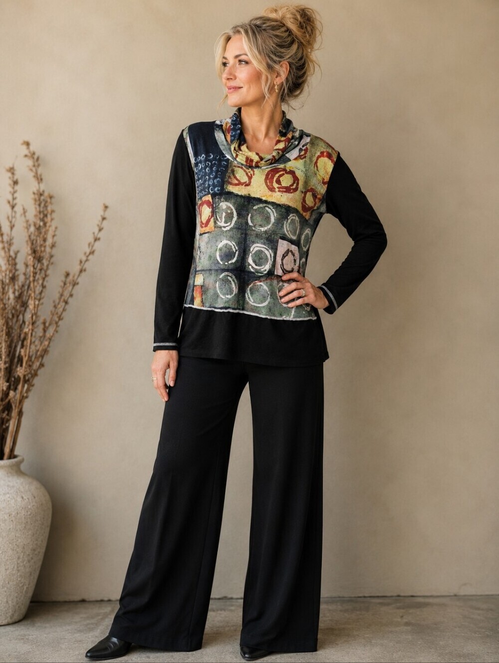 Art by Dolcezza Abstract Print Cowl Neck Top Made in Canada Long Sleeve L XL